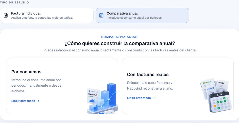 Selector de comparativa anual de NabuGrid con opciones por consumos y por facturas reales